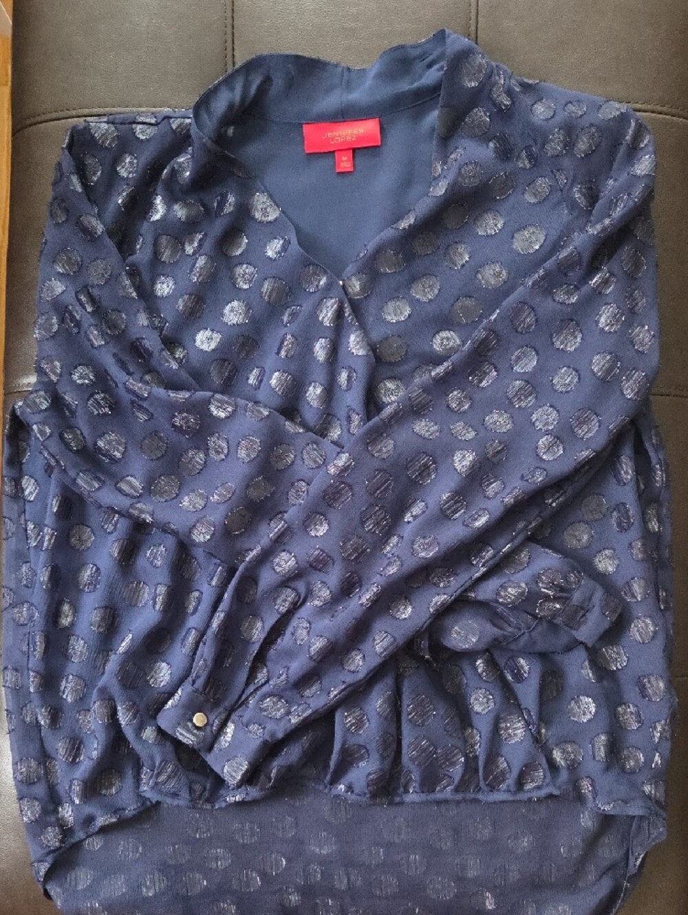 Jennifer Lopez Navy Sheer Polka Dot V-Neck Blouse